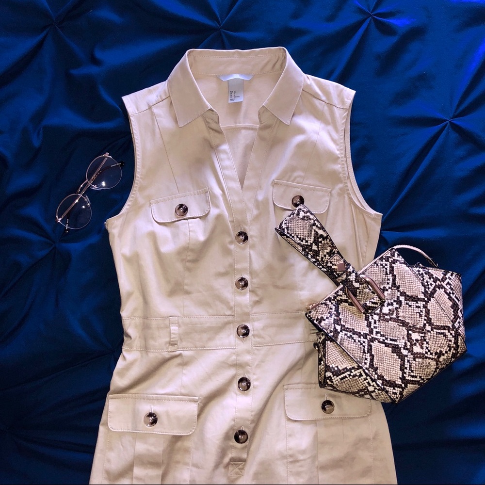 Khaki Button Down Sleeveless Dress